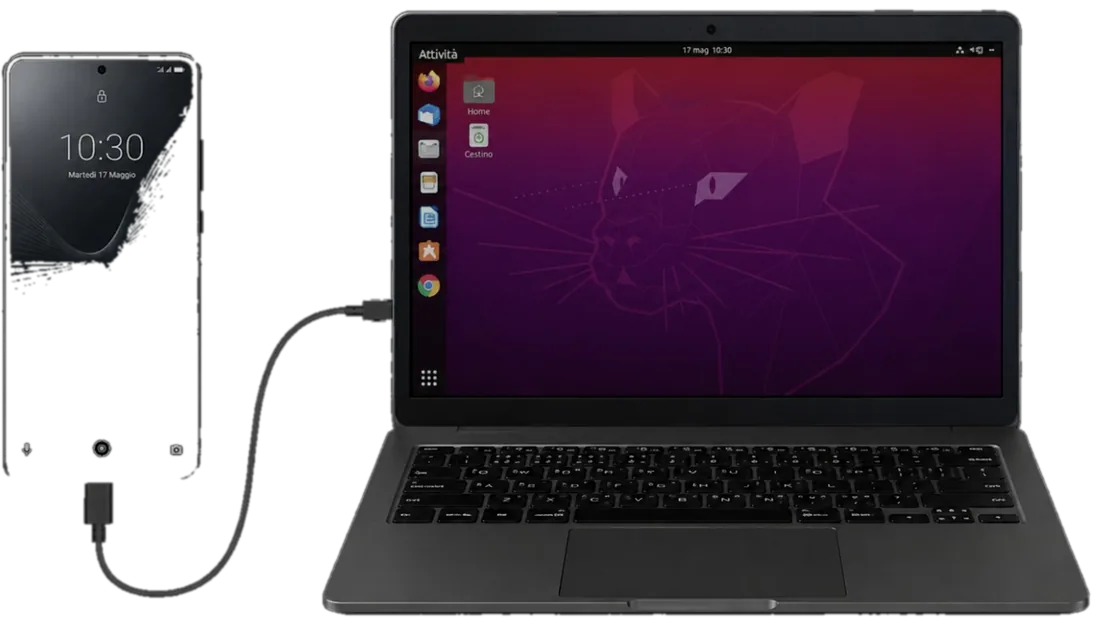 Marqoni Origine collegato a laptop Linux tramite USB-C in modalità desktop